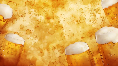 Rendered beer glasses border a foamy abstract amber background.