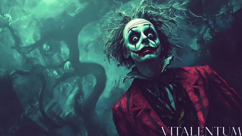 Clown-like figure in red suit stands before abstract tendrils