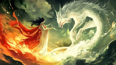 Woman confronts luminous white dragon amid swirling flames
