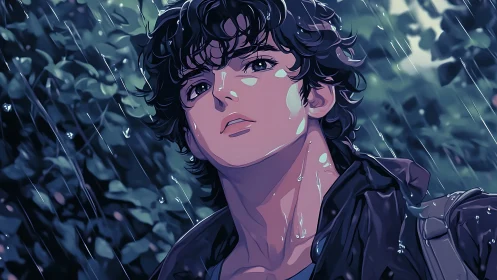 Pensive curly haired teen gazes upward in soft summer rain.