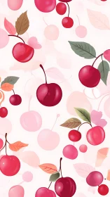 Cherry fruit pattern with stylized leaves on pale background.
