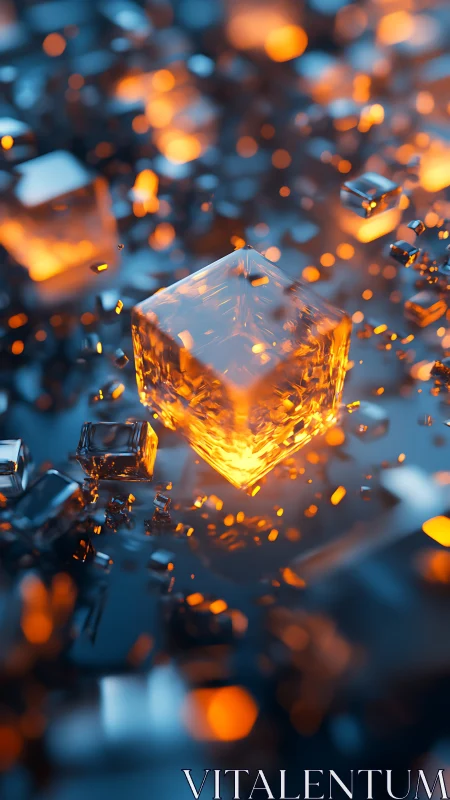 Molten crystal cube glows amid floating glass shards.