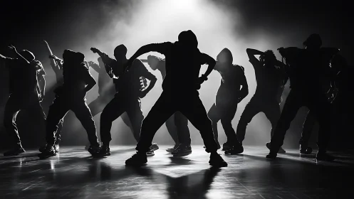 Street dance crew silhouette under harsh backlight.