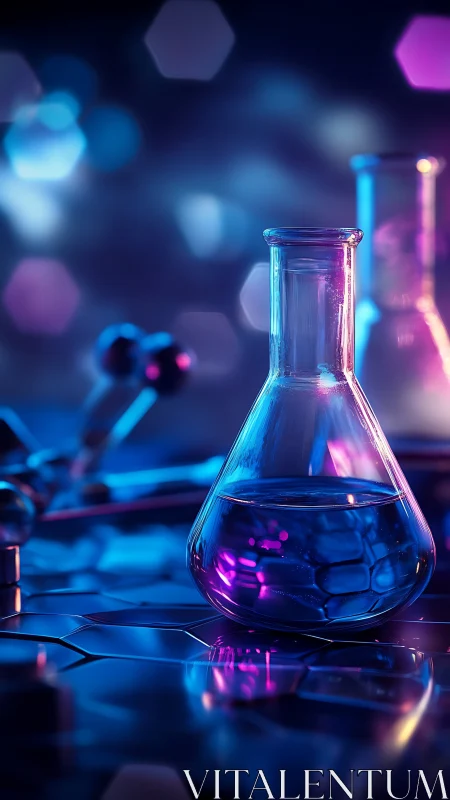 Luminous lab flask glows amid futuristic blue science haze