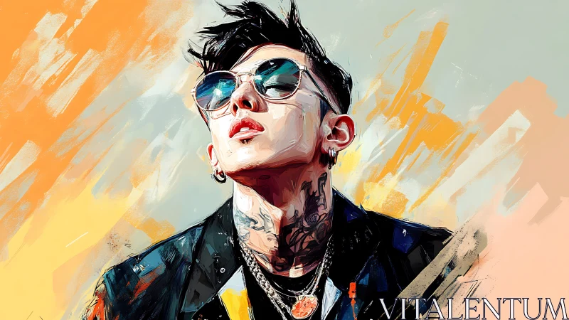 Tattooed man in sunglasses painted with bold digital strokes
