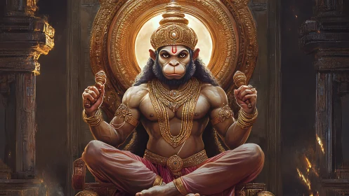 Mythic humanoid monkey deity sits cross legged on throne
