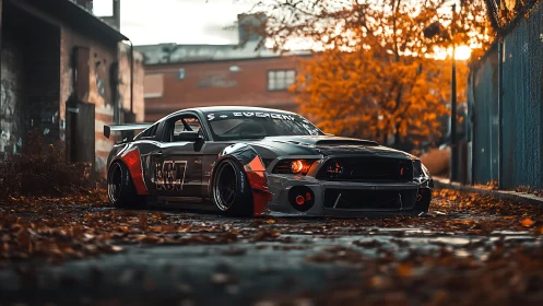 Modified street racing car in autumn urban alleyway.