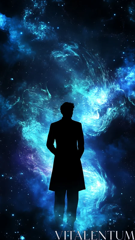 Silhouetted figure aligned against turbulent blue galactic vortex field