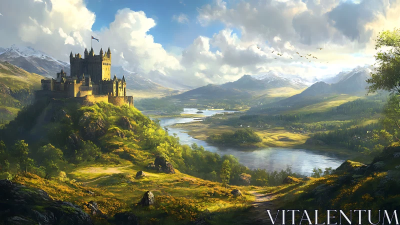 Sunlit hilltop castle overlooks a vast river valley landscape.