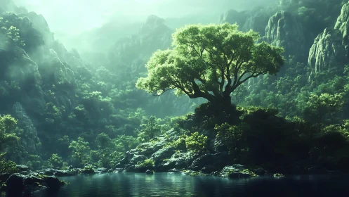 Solitary tree occupies central rocky island in misty valley
