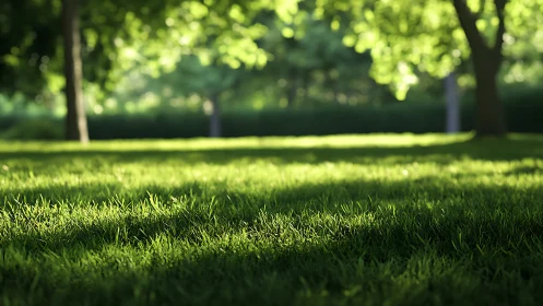 Sunlit park lawn glows beneath softly blurred green trees.