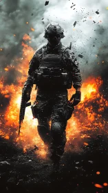 Ballistic infantry operator emerging through reactive firestorm.