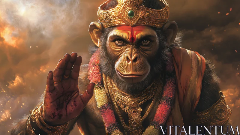 Sunlit simian deity in war-torn saffron skies blessing viewers.