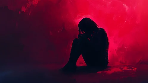 Solitary figure curls inward against intense red void