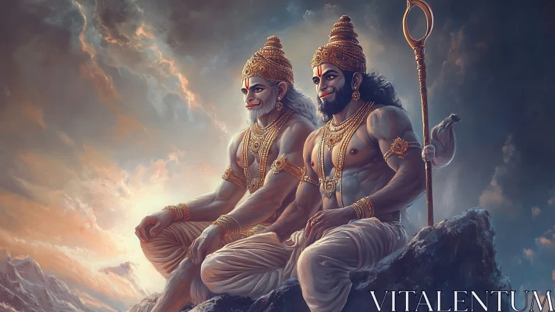 Divine warrior twins sit on stormlit mountain peak