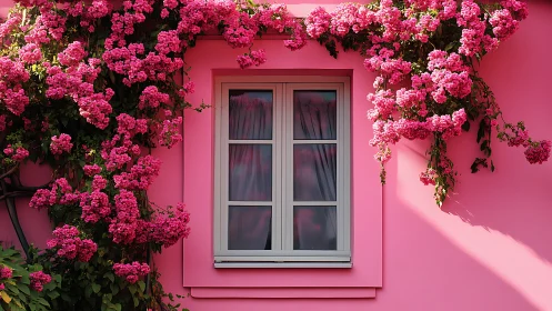 Vibrant Pink Cottage Framed by Blooming Flowers.
