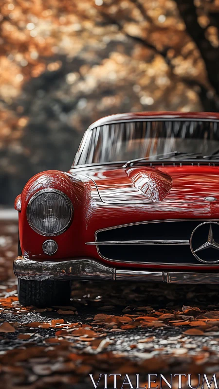 Red vintage Mercedes front view in autumn setting.