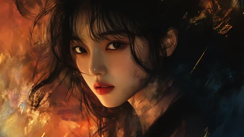 Luminous portrait in volatile chromatic firelight contrast.