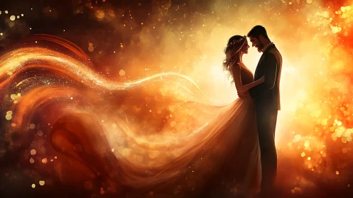 Couple Embracing in Golden Light Against Swirling Energy.