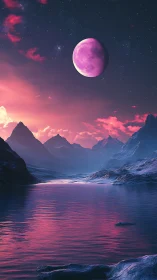 Violet lunar horizon illuminates crystalline alien fjord