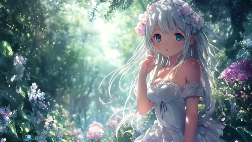 White-haired anime girl in luminous flowered forest glade.