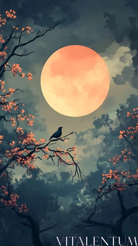 Crimson moon crowns twilight forest with solitary songbird