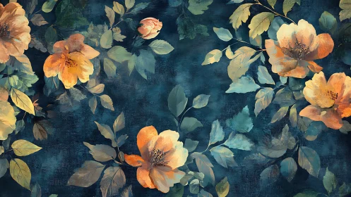 Orange and cream flowers with foliage on dark teal background