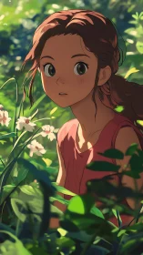 Anime girl rendered in lush backlit forest environment