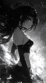 Dark-haired anime warrior rises amid swirling light and ash.