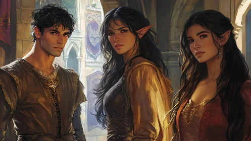 Three elven friends share a quiet moment in a sunlit hall