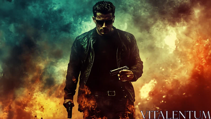 Gunmetal hero strides through twin storms of fire and smoke