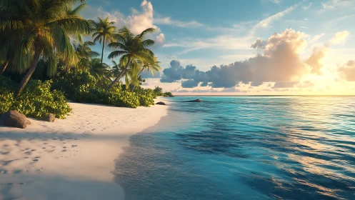 Tropical Beach Scene With Palm Trees, Turquoise Waters.