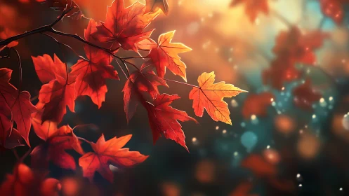 Autumn ember leaves drifting through honeyed sunset glow.