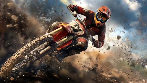 High-speed motocross cornering with dynamic roost spray detail