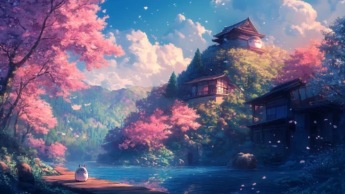 Cute forest spirit by riverside under pink cherry trees.