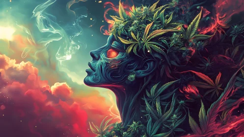 Psychedelic botanical spirit portrait in neon vapor glow.