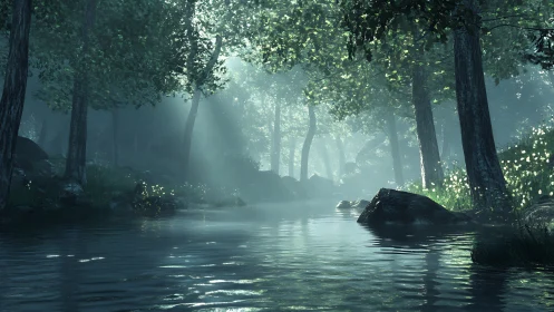 Enchanted Forest Stream Flows Through Misty Woodland Serenity