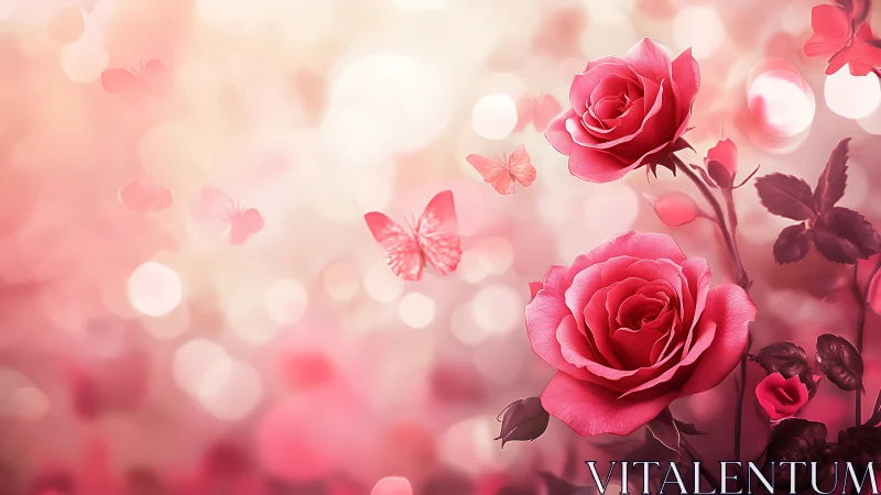 Pink Roses with Butterflies in Bokeh Garden Setting.