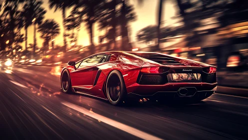 Red supercar racing through a golden city evening street.