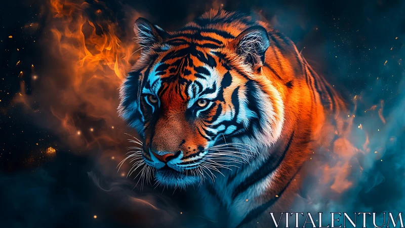 Fire-and-ice tiger stalks through ember-bright midnight haze.