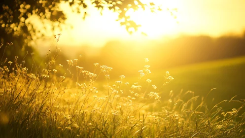 Backlit meadow grasses under low sun in rural landscape.