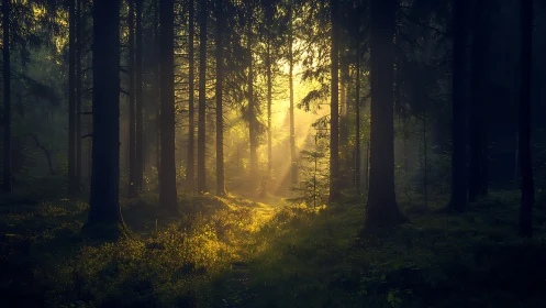 Sunlight Streaming Through Dense Forest in Tranquil Morning Scene.