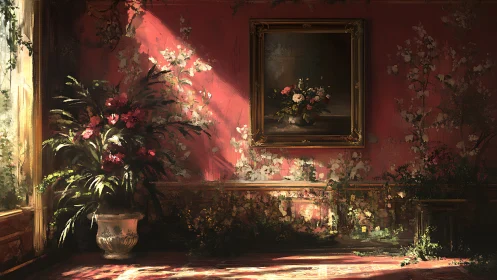 Digital painting of overgrown floral salon with baroque framing.