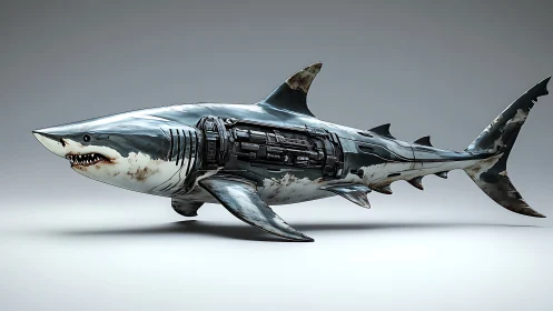 Bold cybernetic shark glides forward with sleek metal power