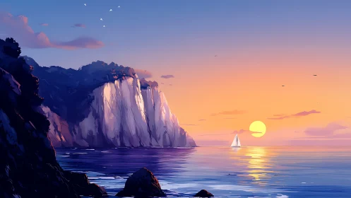 Sunset-lit sea cliffs with distant white sailboat on horizon