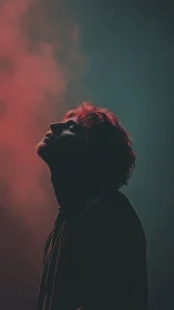 Silhouetted young man gazes upward through red tinted haze
