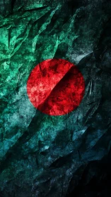 Textured red circle on distressed teal abstract field.