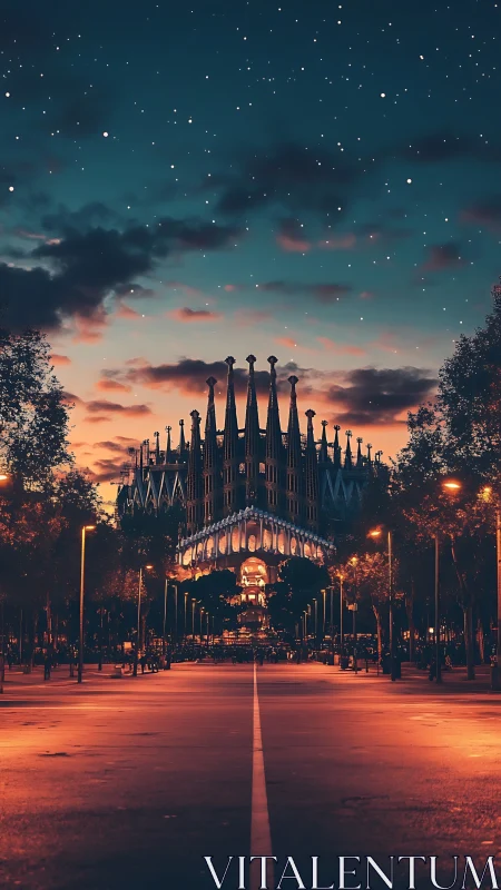 Photorealistic nocturne of illuminated cathedral boulevard.