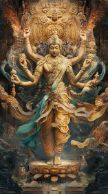 Radiant multi-armed deity ascends from ornate golden lotus
