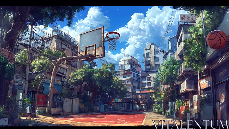 Digital painting of urban street basketball court perspective.